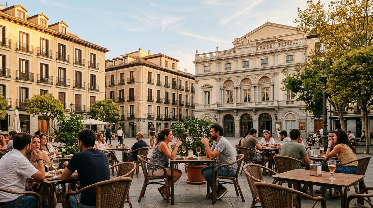 Terrazas con gente en la Plaza de Santa Ana en Madrid al atardecer, con edificios históricos al fondo.