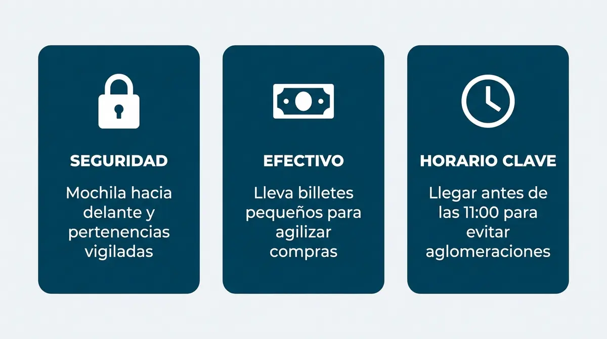 Infografía con consejos prácticos de seguridad, pago y horario para ir al Rastro de Madrid.