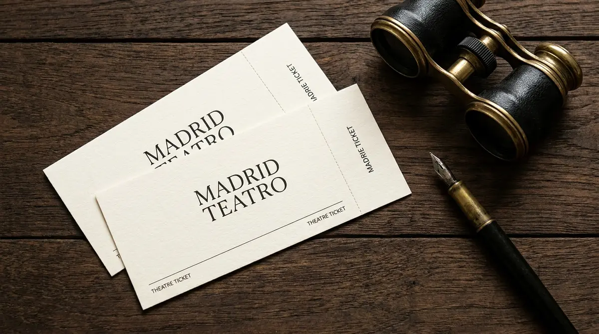Plano detalle de entradas de teatro elegantes y prismáticos de ópera sobre una mesa de madera oscura.