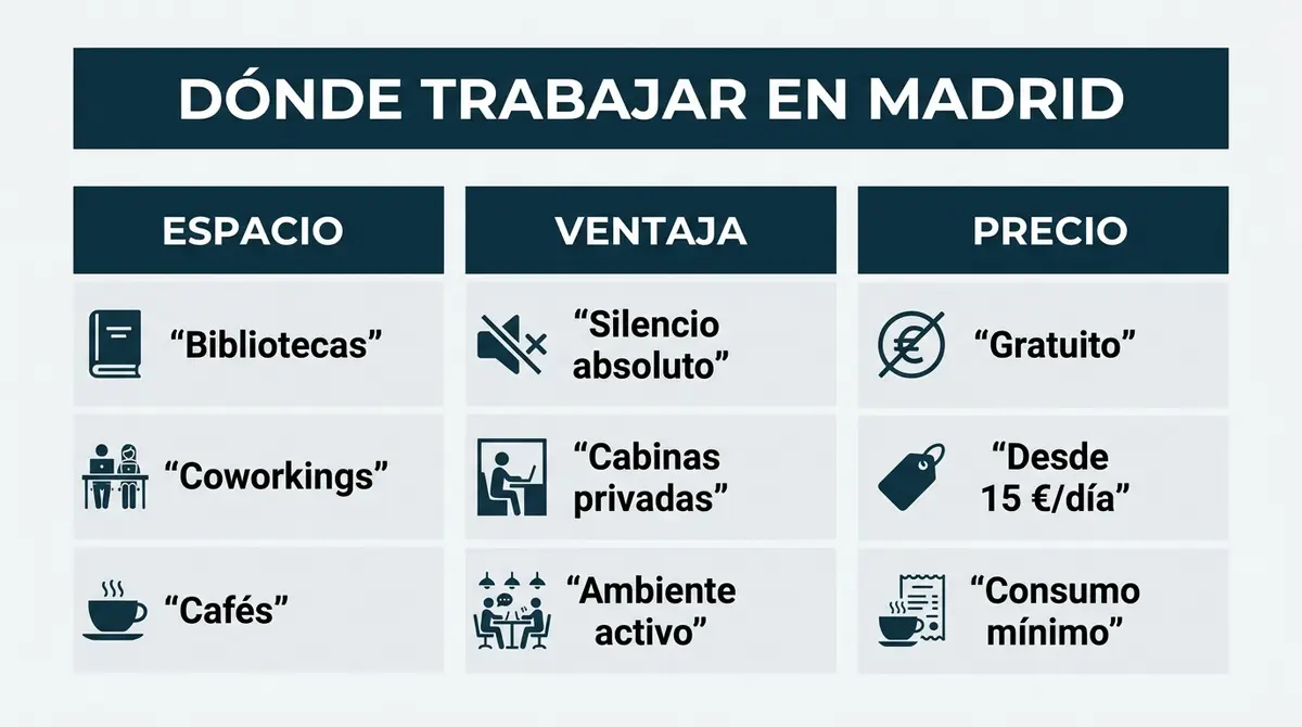 Tabla comparativa de espacios para teletrabajar en el centro de Madrid indicando ventajas y costes