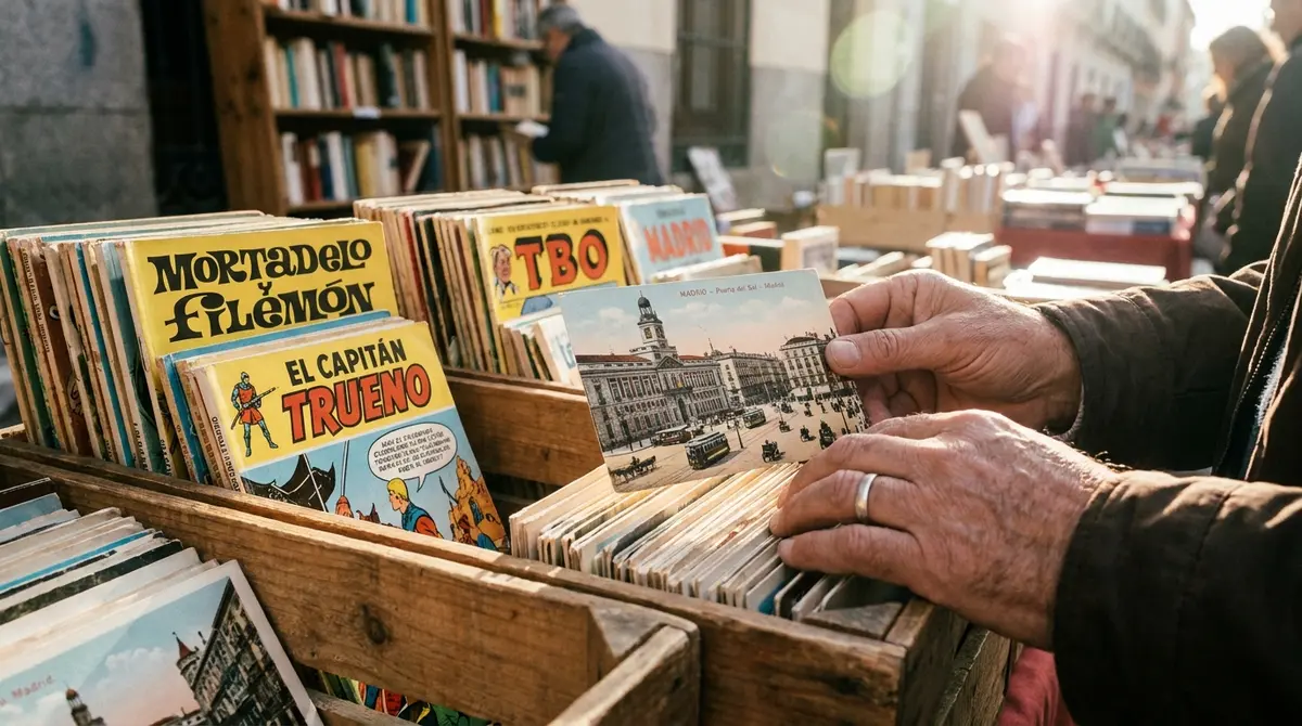 Primer plano de un puesto de libros de segunda mano y postales antiguas en el mercadillo del Rastro.