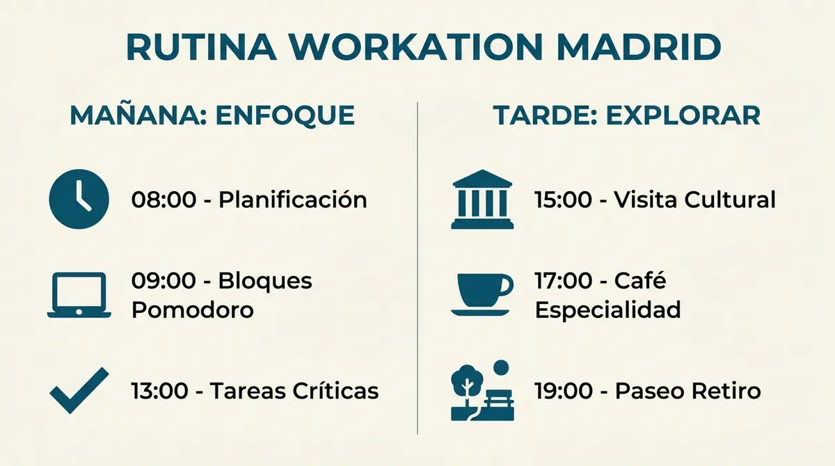 Infografía de la rutina diaria de un nómada digital en Madrid que combina bloques de enfoque y ocio